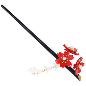 Geisha Hair Stick with Red Acrylic Cherry Blossom Cluster and Tassel